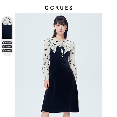 gcrues碎花拼接金丝绒假两件连衣裙女2024年秋季法式气质优雅裙子
