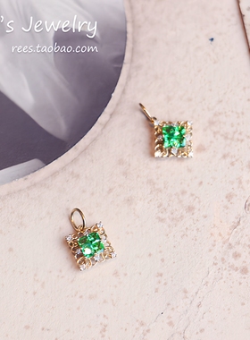 Ree冬青叶 圣诞方形切割沙弗莱钻石18k金轻奢精致彩宝石吊坠项链