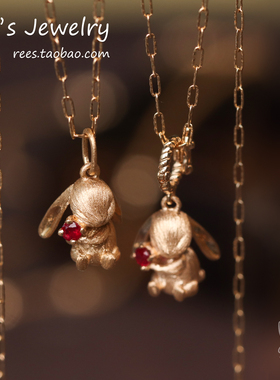 原创Ree.糯米糍。18k黄金红宝石超萌兔子生肖本命年动物吊坠项链