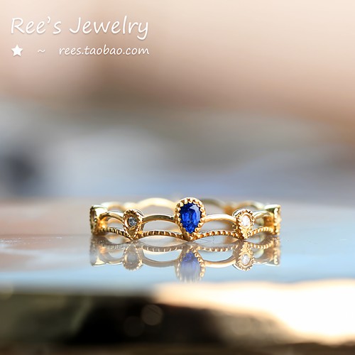 日系叠戴18k黄金蓝宝石戒指