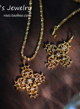 Ree.寻花钿。18k黄金实验室培育钻石吊坠复古花丝日系lolita项链