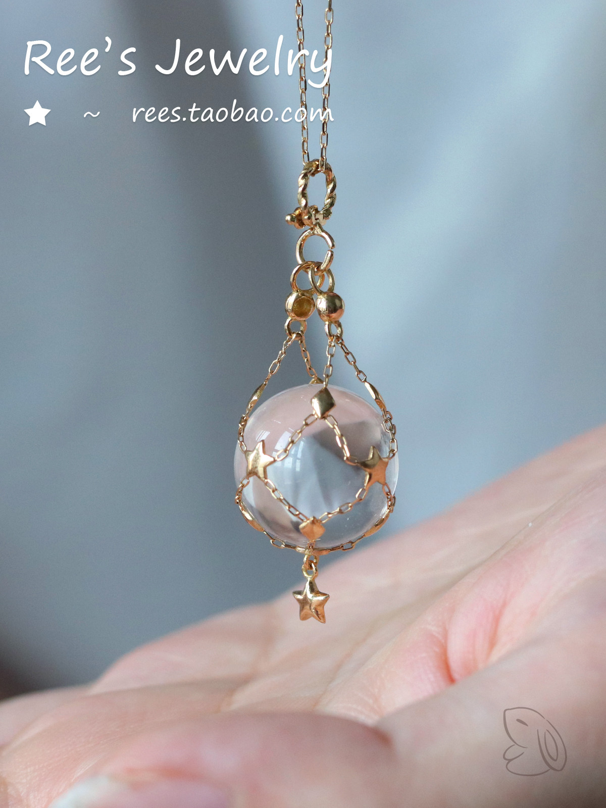 18k Gold Crystal Pendant with Pearl Net Pouch - Product image 2