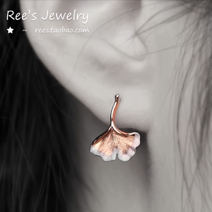 特殊拉丝工艺18k黄金白金叶子耳钉 一叶知秋·银杏 耳环 Ree