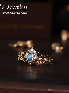 Ree.平安夜童话。天然月光石18k黄金培育钻石戒指复古日系轻奢