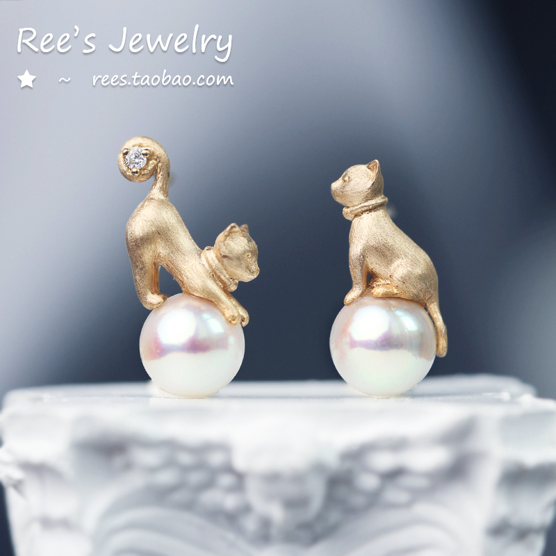 猫咪海水珍珠18k黄金钻石耳钉