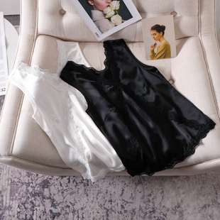 胸前蕾丝交叉设计吊带背心仿真丝西装 胖妹妹醋酸上衣 内搭打底大码