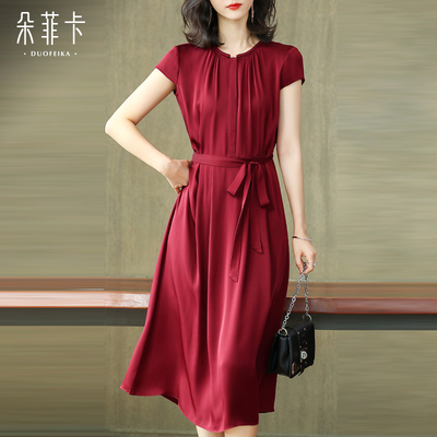 重磅修身显瘦红色系带真丝连衣裙女中长款2025夏季新款桑蚕丝裙子