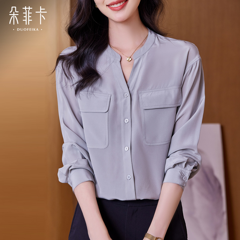 高级感轻奢v领纯色真丝衬衫女长袖落肩袖2025夏季新款桑蚕丝上衣