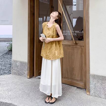 新中式圆领提花刺绣无袖国风坎肩背心T恤女上衣宽松百搭外穿夏季