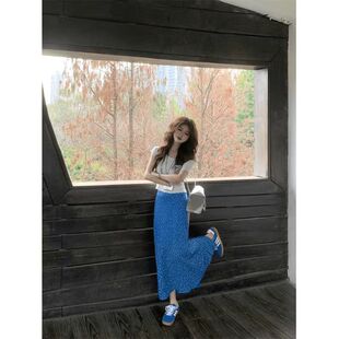 减龄气质蓝色碎花半身裙女夏新款度假风百褶高腰显瘦直筒开叉长裙