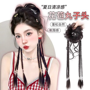 丸子头假发辫子女发圈高马尾双麻花长辫发饰旗袍新中式马尾假发包