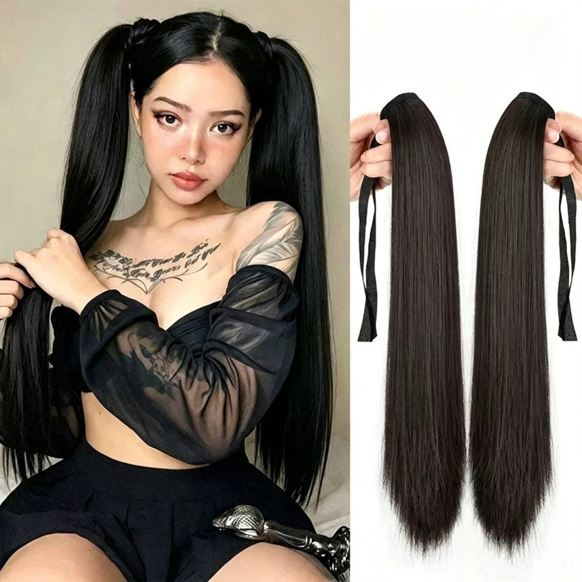 假发马尾女长发自然无痕微卷仿真发绑带式可扎甜酷双马尾假发辫子