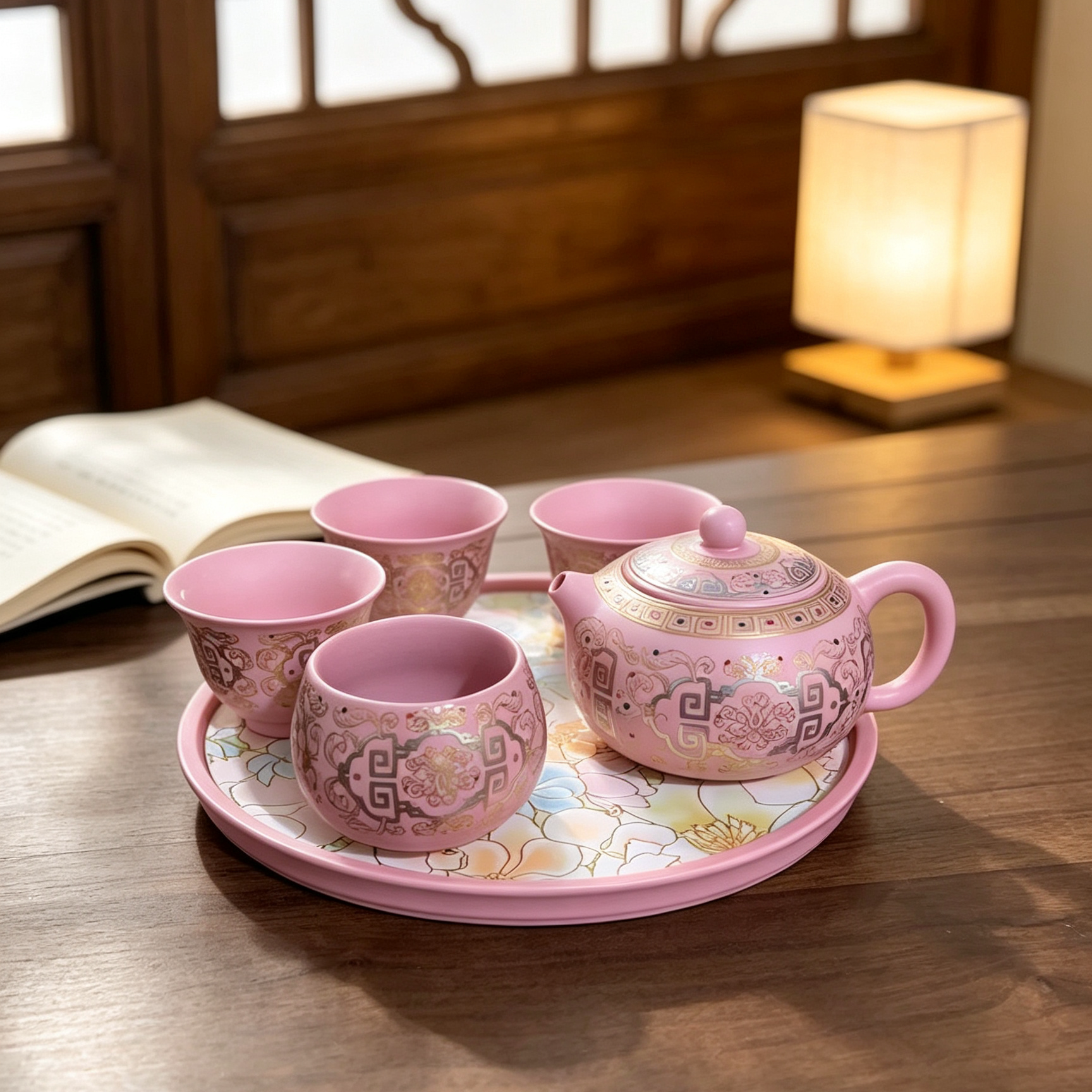 粉色西施壶带茶盘茶具套装家用轻旅行茶具