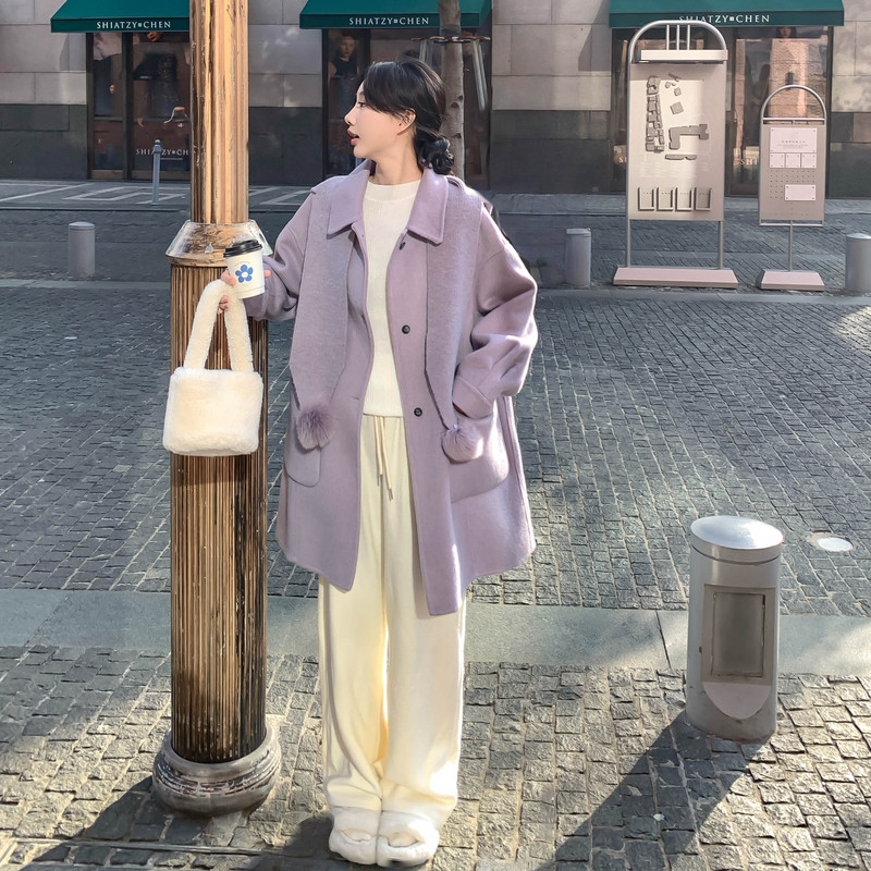 紫色针织围巾连帽双面呢羊毛大衣女秋冬2025新款时髦流行爆款外套,女装毛呢外套,2B143
