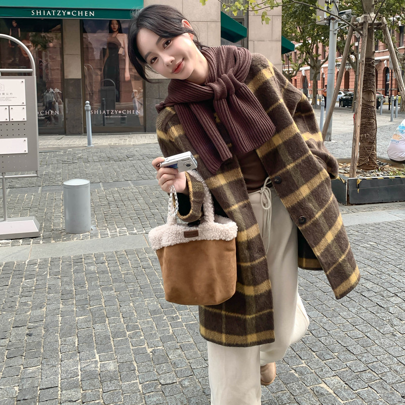 2025秋冬新款韩版高级感双面羊绒大衣女长款格子外套羊毛大衣潮,女装毛呢外套,2B143