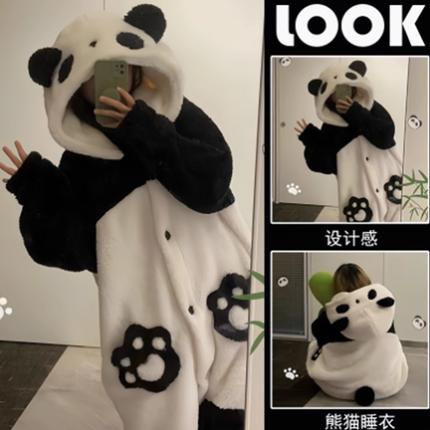 秋冬季法兰绒女熊猫睡衣浴袍加厚珊瑚绒睡袍浴衣可爱家居服