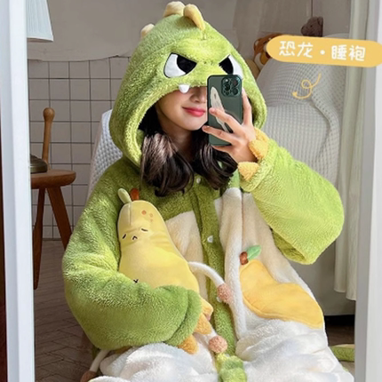 秋冬季珊瑚绒恐龙睡袍男女情侣浴袍搞怪成人可爱法兰绒家居服睡衣