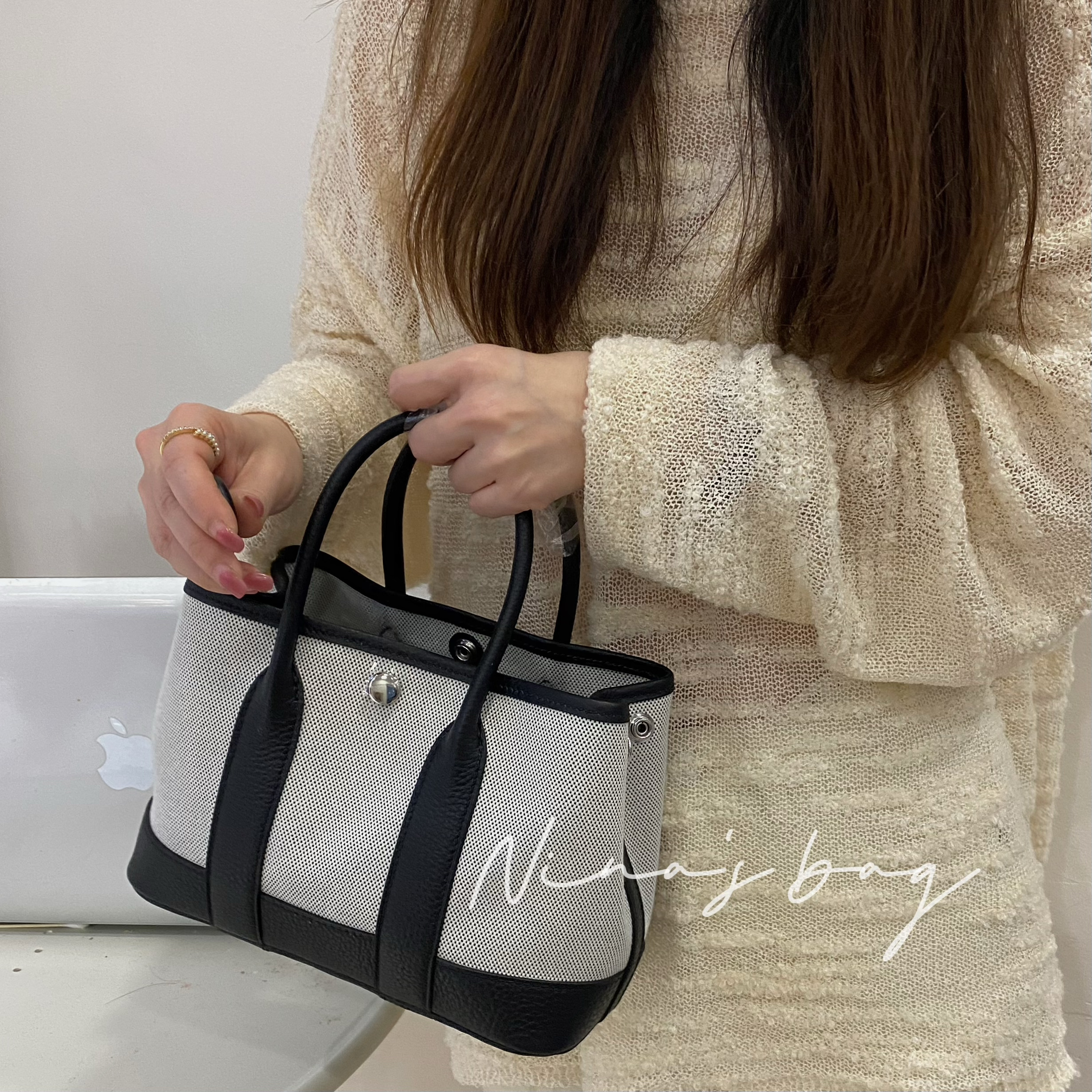 花园mini熊猫包手工蜡线23CM帆布全钢五金手提包头层牛皮真皮女士