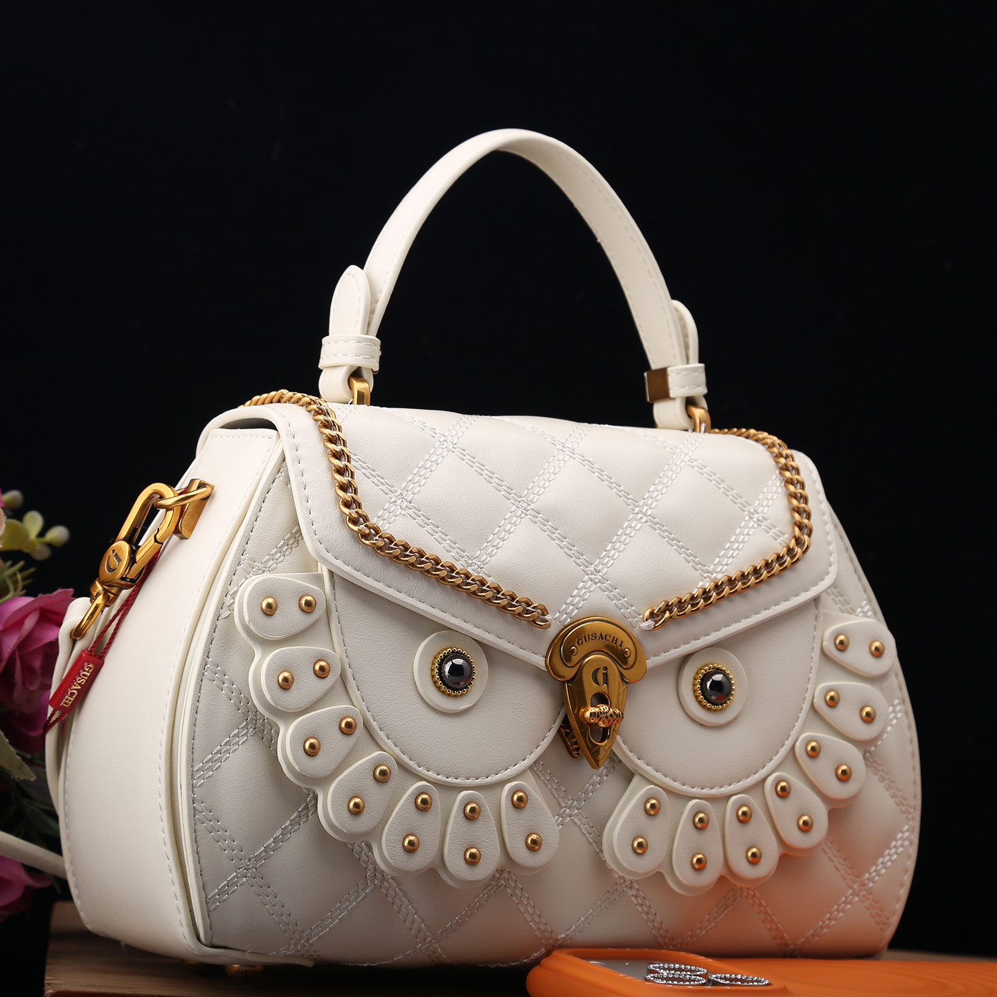 夏季新款女包2026真皮猫头鹰菱格手提包女轻奢时尚铆钉链条斜挎包