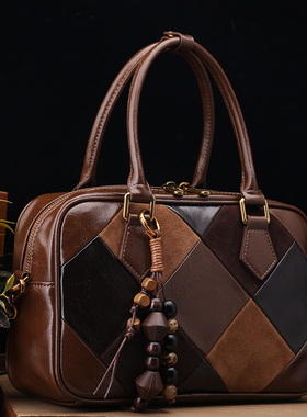 RANEDONA正品真皮女包2025新款时尚菱形复古拼接手提包保龄球包包