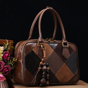 RANEDONA正品真皮女包2025新款时尚菱形复古拼接手提包保龄球包包