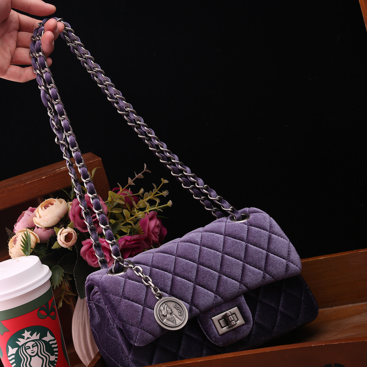 正品2025新款丝绒包包菱格链条小方包女紫色轻奢单肩斜挎包高级感,箱包皮具/热销女包/男包,小方包,淘宝优惠券,粉丝福利购,淘宝优惠卷