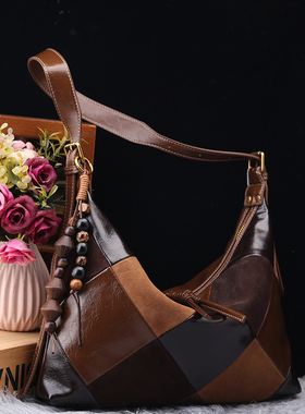 RANEDONA头层牛皮正品真皮女包2025新款时尚菱形复古腋下包托特包