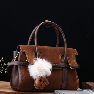 劳拉时黛正品磨砂牛皮复古波士顿包女洋气手提包百搭通勤托特小包