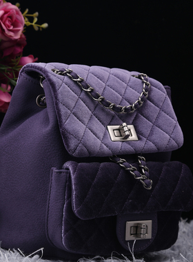 小D家正品菱格链条双肩包2025新款女小香风高级百搭丝绒紫色背包