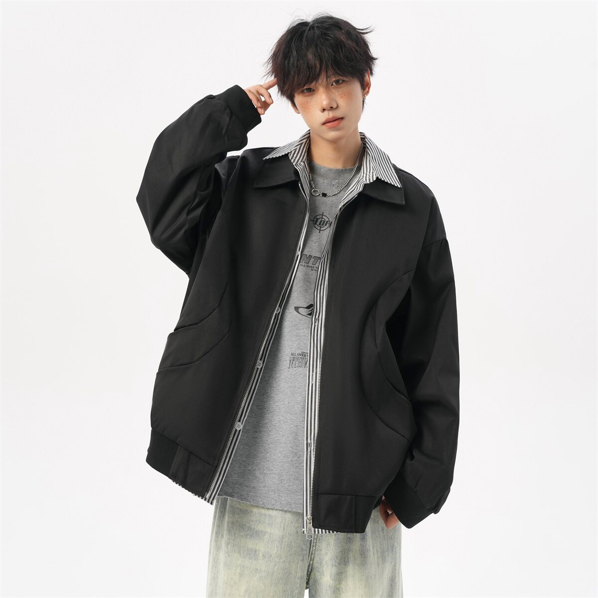 秋冬美式条纹假两件衬衫领夹克男