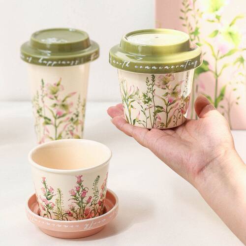 百合风铃春季系列陶瓷咖啡杯带盖手握杯大容量带盖水杯办公杯无柄