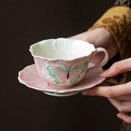 岩矿釉手绘堆料蝴蝶陶瓷咖啡杯带把手带底碟釉下彩喝水杯家用茶杯