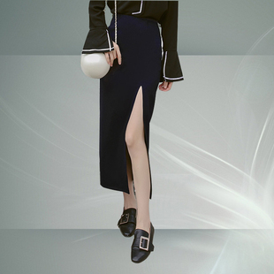 黑色长裙前侧开叉半身裙运动休闲百搭松紧腰直筒高腰大码包臀裙子