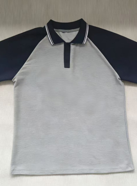 学生夏季校服浅灰色短袖藏蓝插肩袖藏蓝领袖夏季POLO衫男女定做
