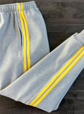 浅灰色加绒加厚拼两道浅黄条纹直筒初高中学生校服裤子男女可定制