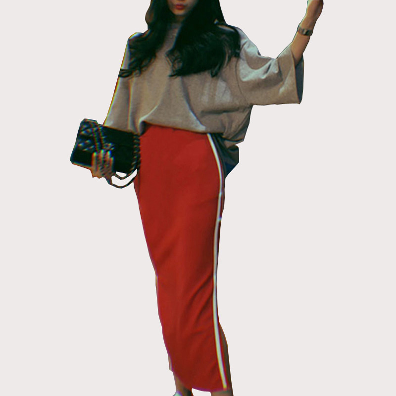 ins半身裙春秋夏季开叉修身显瘦中长款弹力松紧腰一步运动休闲裙