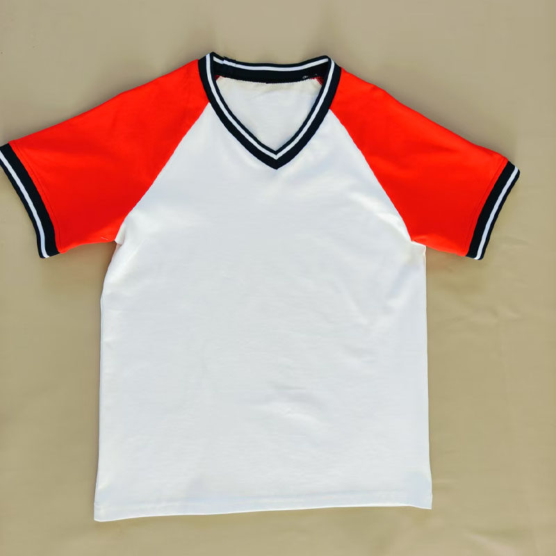 夏季棉质白色校服短袖大红插肩袖黑色V领拼白杠男女班服T恤POLO衫