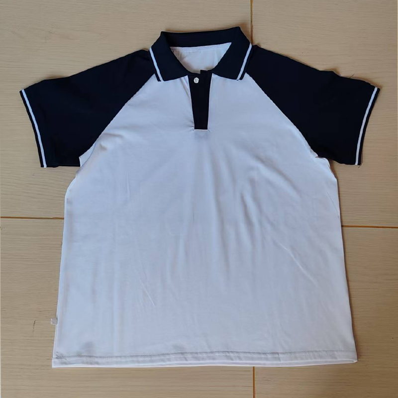 夏季白色校服短袖藏蓝插肩袖藏蓝领拼白条男女通用班服POLO衫上衣