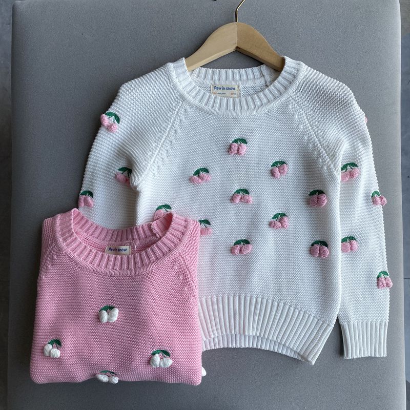 秋冬装新款童装女童小中童圆领长袖樱桃甜美上衣针织儿童纯棉毛衣