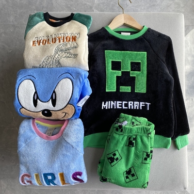 外贸单秋冬装新女童男童珊瑚绒长袖上衣长裤子儿童睡衣家居服套装