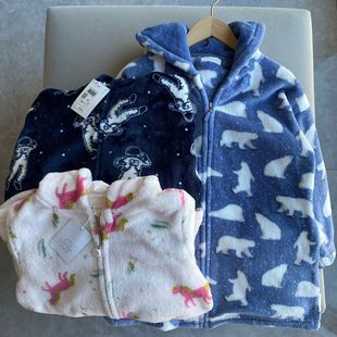 外贸单秋冬小中大男童女童拉链带帽珊瑚绒家居服儿童睡衣睡袍浴袍