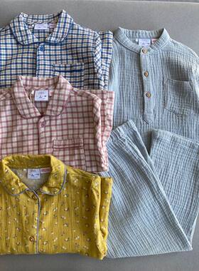 外贸单春秋男童女童睡衣纯棉磨毛格子长袖上衣长裤儿童家居服套装