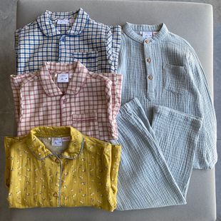 外贸单春秋男童女童睡衣纯棉磨毛格子长袖上衣长裤儿童家居服套装