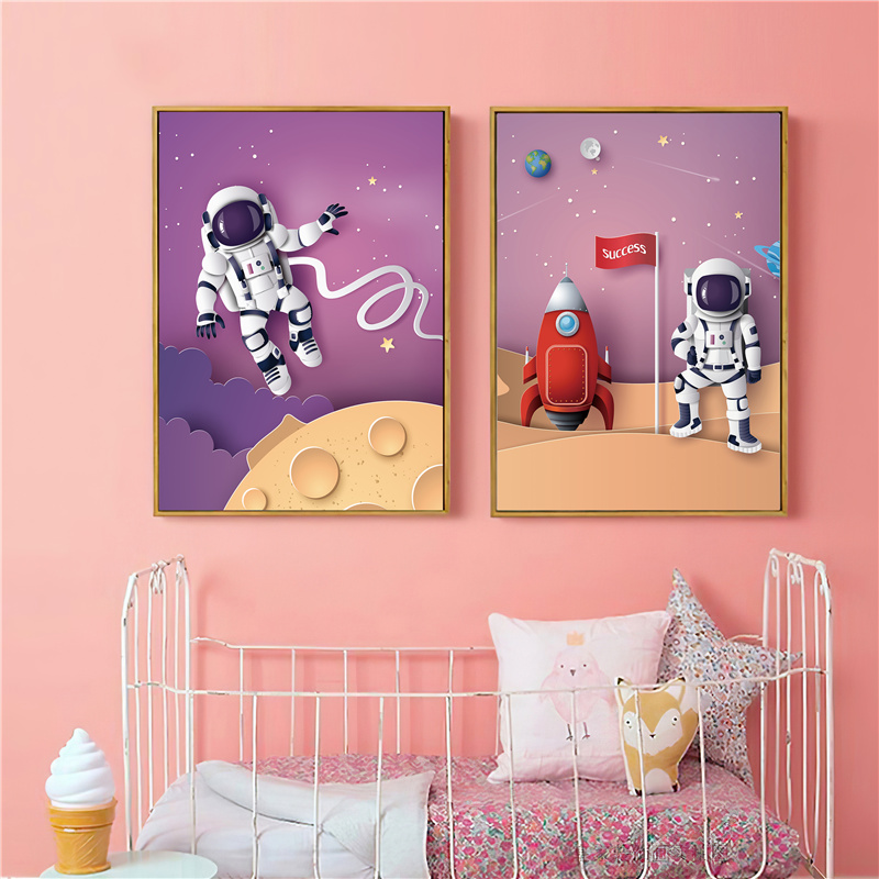 现代简约卡通宇航员太空宇宙星球火箭装饰画芯儿童房幼儿园自粘画图片