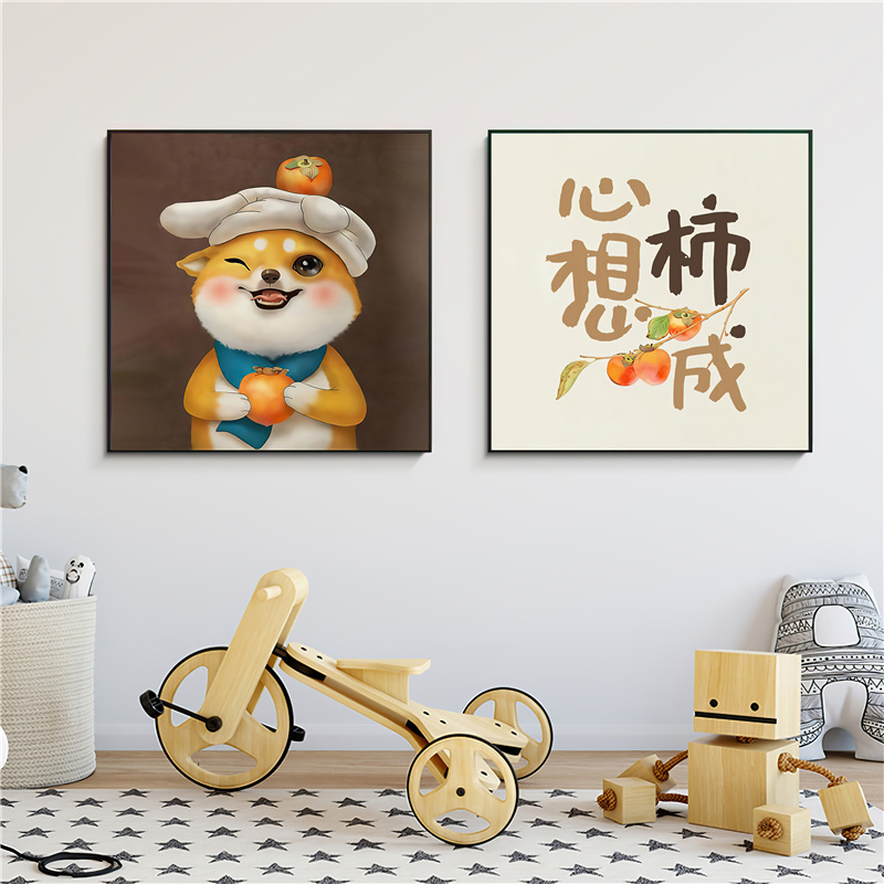 新中式心想柿成装饰画北欧卡通动物客厅餐厅创意挂画油画布自粘画图片