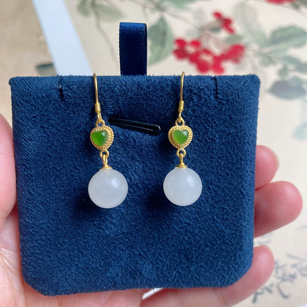 天然和田玉白玉圆珠耳坠银耳环女款文艺轻奢复古小清新配饰