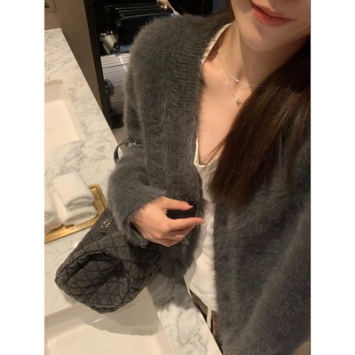 2025新款加厚水貂绒v领毛衣外套女秋冬毛茸茸慵懒风宽松针织开衫