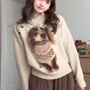 2025新款 复古小狗提花针织女冬宽松慵懒高级感高领毛衣可外穿内搭