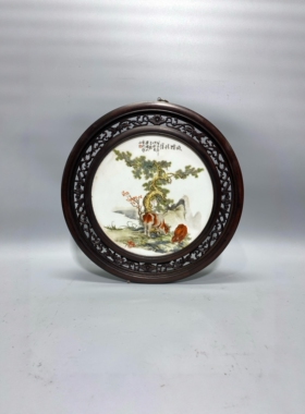 毕渊明作品鸡翅木镶瓷板画粉彩动物舔犊情深挂屏景德镇手绘陶瓷画