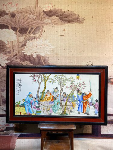 王琦作品红木镶瓷板画粉彩人物夜宴桃李图中堂挂屏百分百纯手绘